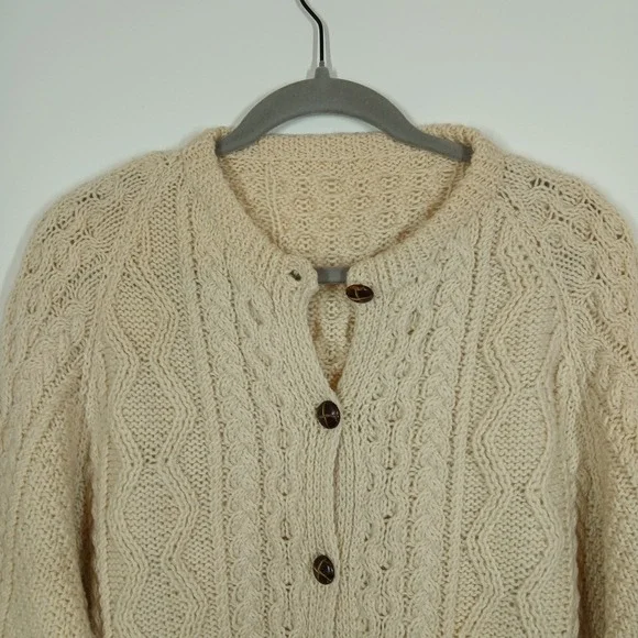 Handknit Cardigan Mens Large Cream Wool Button Up Cable Cottagecore Grandpa Core